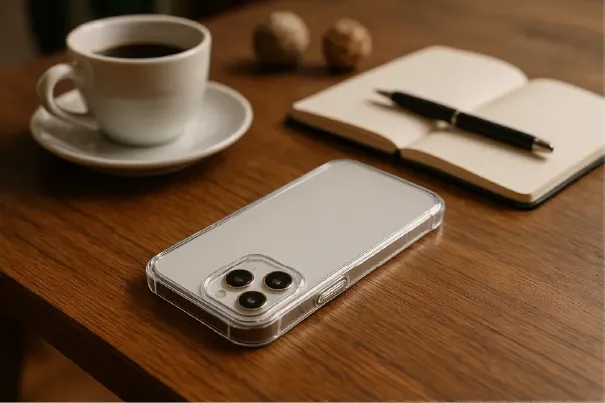 スマホケースが木製のテーブルに自然に置いてある様子