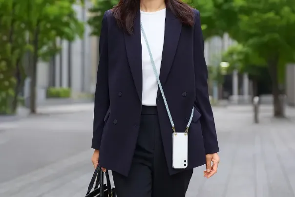 スマホケースを肩からかけて通勤している女性の様子