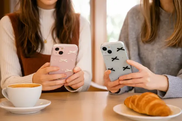 スマホケースを持ってカフェでのひとときを過ごす女性2人の様子