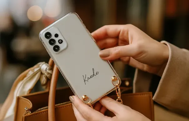 名入れが施されたスマホケースをバックから取り出す様子