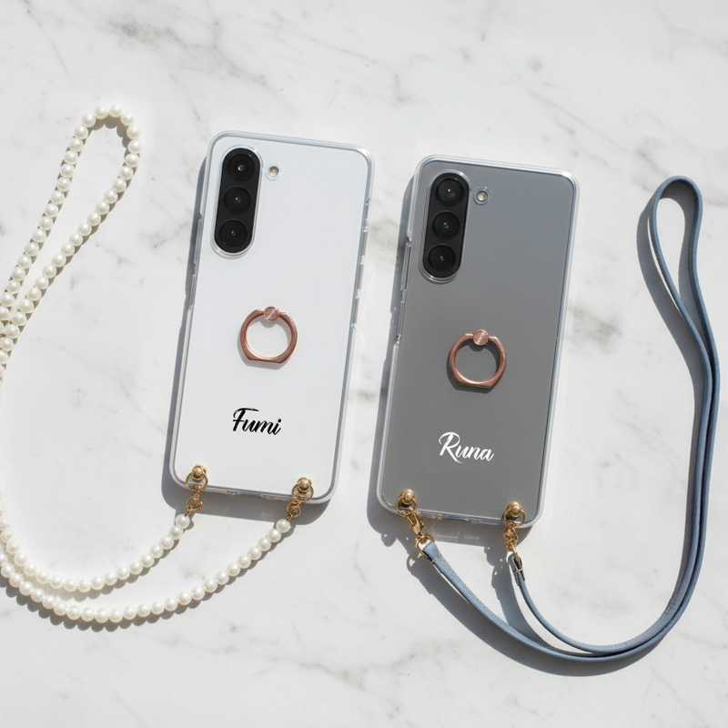 スマホケース ハード 全機種対応【クリアケース×名入れ印刷×スマホリング×選べるロングストラップ】スマホショルダー