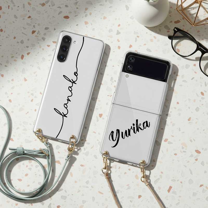 スマホケース ハード 全機種対応【クリアケース×名入れ印刷×選べるロングストラップ】スマホショルダー