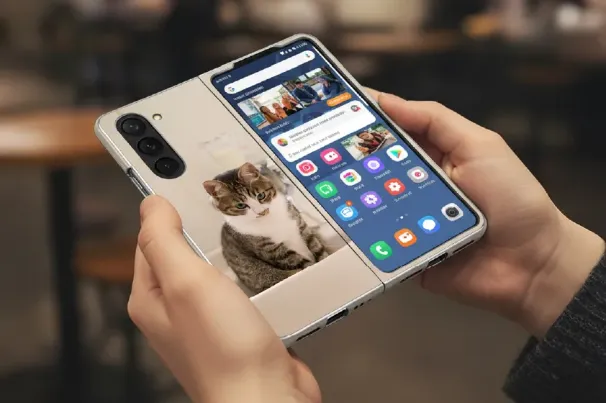 オーダーメイドのオリジナルスマホケースを付けたGalaxy Z Foldを持っている女性の手元の様子