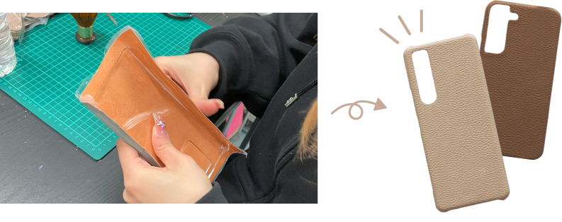 スマホケースのレザー貼り付け作業
