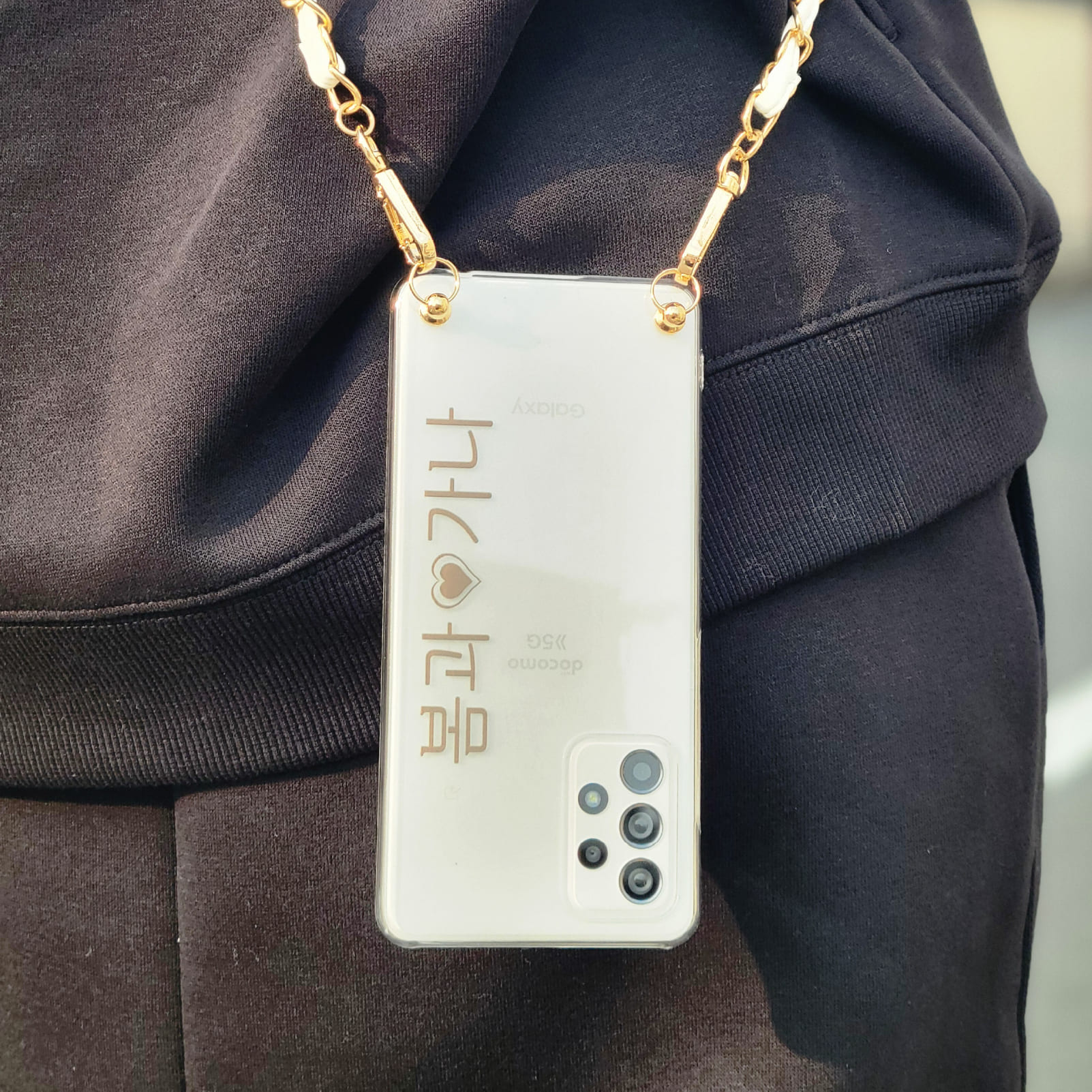 スマホケース ハード 全機種対応【クリア×ハングル名入れ(文字色30色)×選べるロングストラップ】