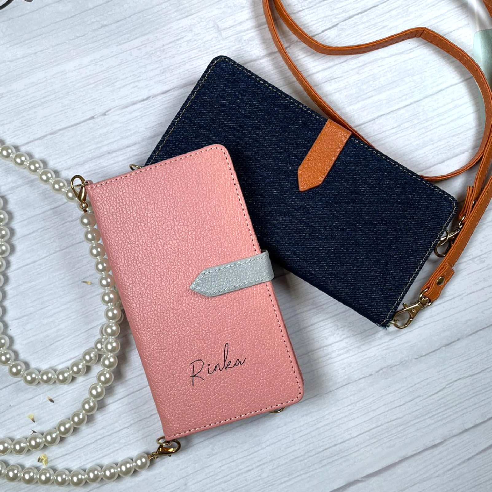 スマホケース 手帳型 全機種対応【レザーorデニム×名入れ印刷×バイカラーベルト×ロングストラップ】スマホショルダー