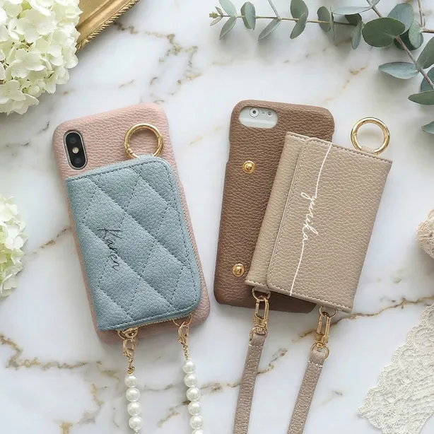 スマホケース ハード 全機種対応【レザーorキルティング×カード入れor小銭入れ ミラー ロングストラップ付き×名入れ印刷】スマホショルダー