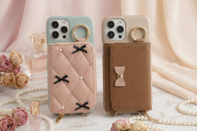 カード入れ・小銭入れ付きのリボンスマホケース