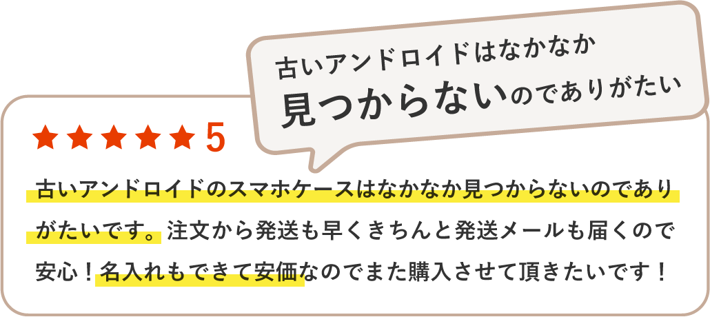 古いアンドロイドのスマホケースはなかなか見つからないのでありがたいです。注文から発送も早くきちんと発送メールも届くので安心！名入れもできて安価なのでまた購入させて頂きたいです！
