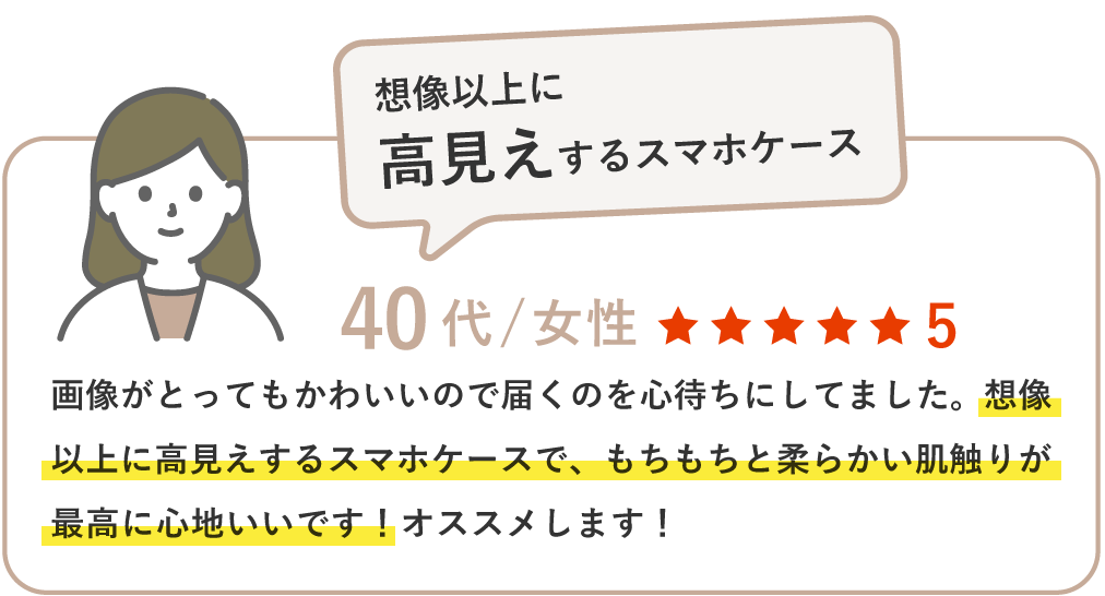 画像がとってもかわいいので届くのを心待ちにしてました。想像以上に高見えするスマホケースで、もちもちと柔らかい肌触りが最高に心地いいです！オススメします！