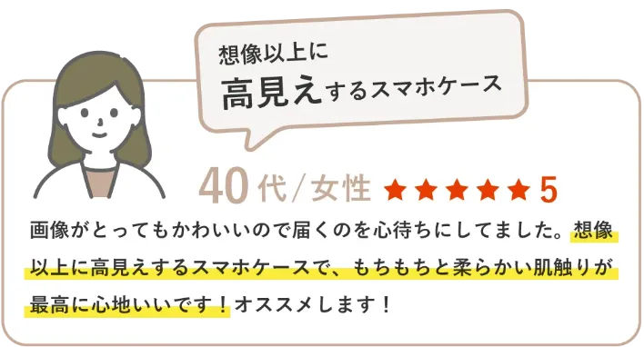 画像がとってもかわいいので届くのを心待ちにしてました。想像以上に高見えするスマホケースで、もちもちと柔らかい肌触りが最高に心地いいです！オススメします！